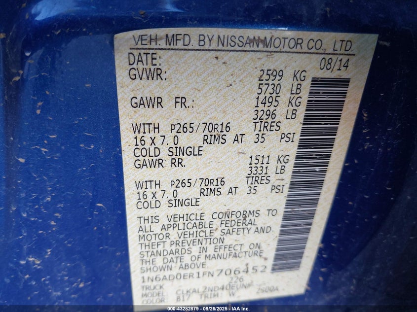 2015 NISSAN FRONTIER SV 1N6AD0ER1FN706452