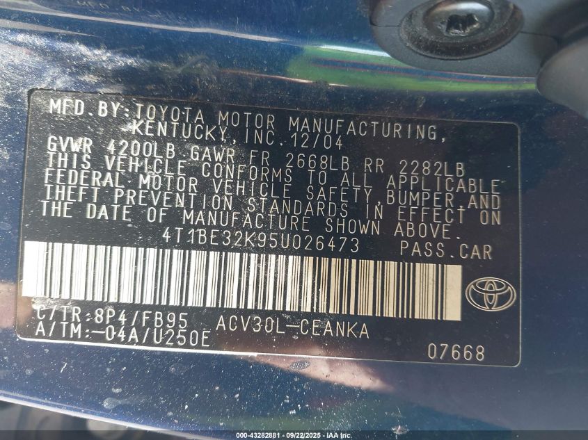 2005 Toyota Camry Le VIN: 4T1BE32K95U026473 Lot: 43282881