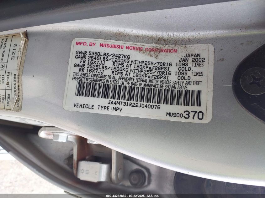 2002 Mitsubishi Montero Sport Xls VIN: JA4MT31R22J040076 Lot: 43282882