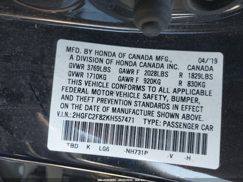 2019 Honda Civic Sport VIN: 2HGFC2F82KH557471 Lot: 43282893