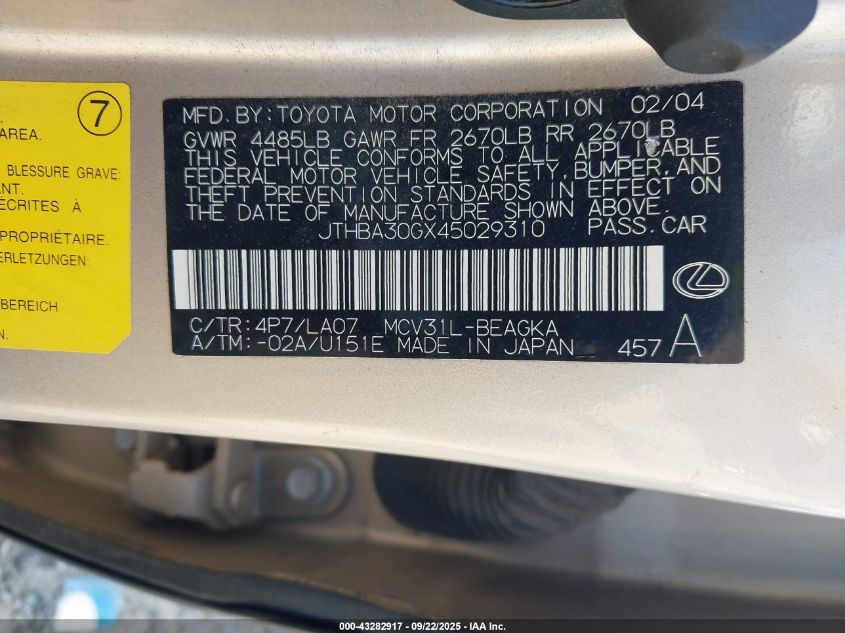 2004 Lexus Es 330 VIN: JTHBA30GX45029310 Lot: 43282917