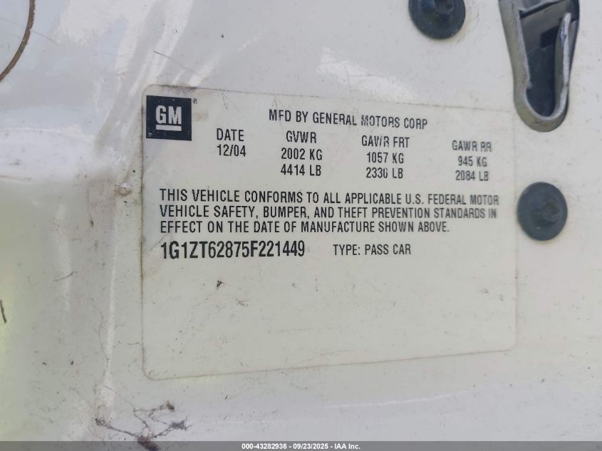 2005 Chevrolet Malibu Maxx Ls VIN: 1G1ZT62875F221449 Lot: 43282936