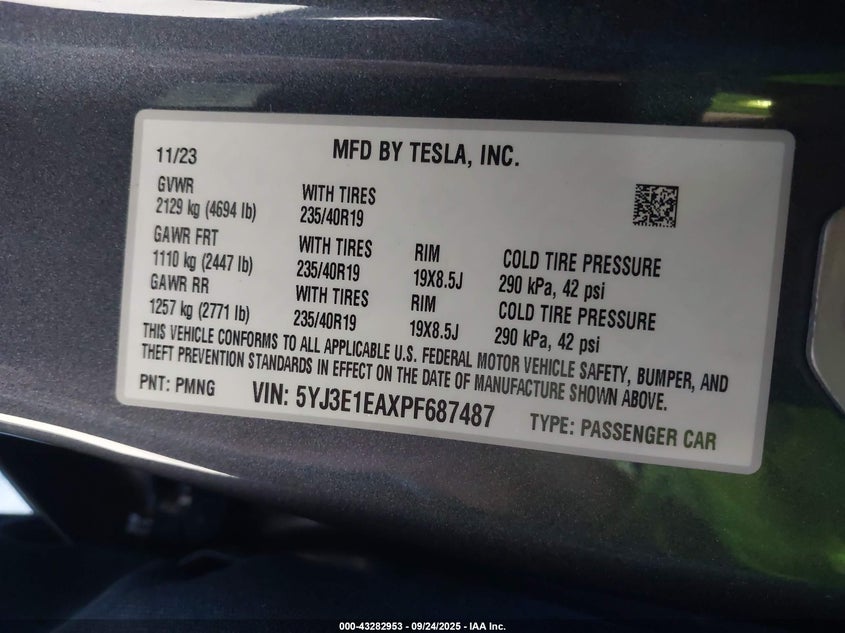2023 Tesla Model 3 Rear-Wheel Drive VIN: 5YJ3E1EAXPF687487 Lot: 43282953