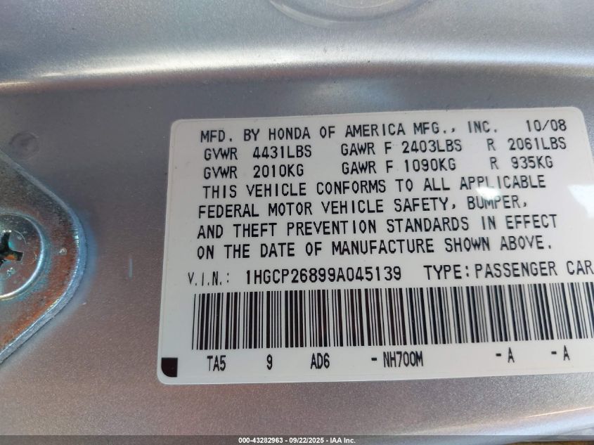 2009 Honda Accord 2.4 Ex-L VIN: 1HGCP26899A045139 Lot: 43282963