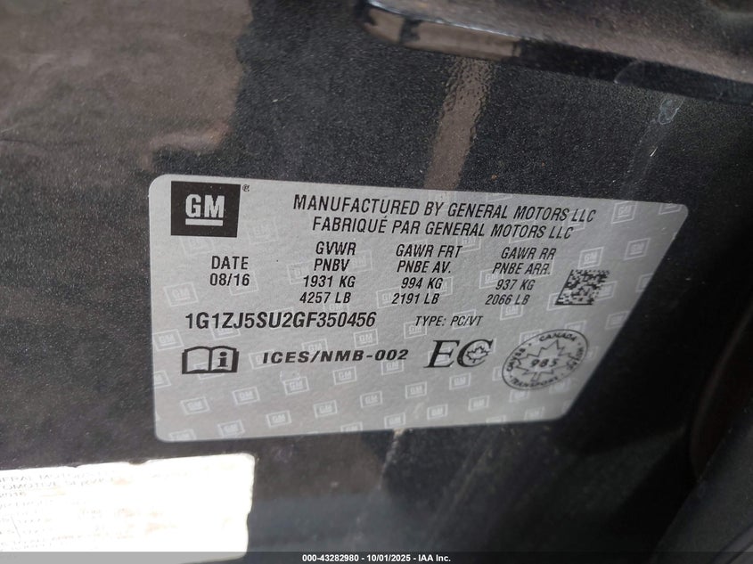 2016 Chevrolet Malibu Hybrid VIN: 1G1ZJ5SU2GF350456 Lot: 43282980