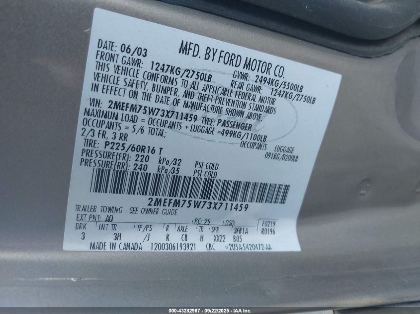 2003 Mercury Grand Marquis Ls VIN: 2MEFM75W73X711459 Lot: 43282987