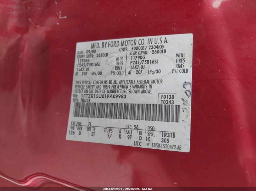 2001 Ford Ranger Edge/Xlt VIN: 1FTZR15U01PA09983 Lot: 43282991