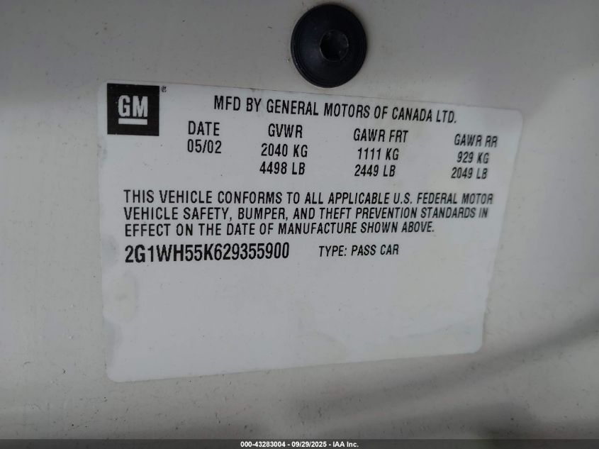 2002 Chevrolet Impala Ls VIN: 2G1WH55K629355900 Lot: 43283004