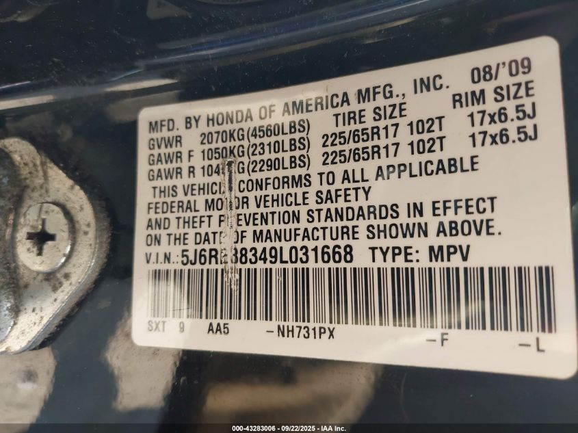 2009 Honda Cr-V Lx VIN: 5J6RE38349L031668 Lot: 43283006