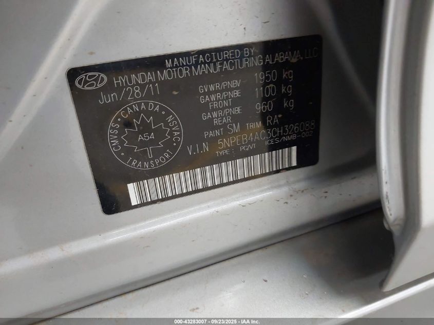 2012 Hyundai Sonata Gls VIN: 5NPEB4AC3CH326088 Lot: 43283007