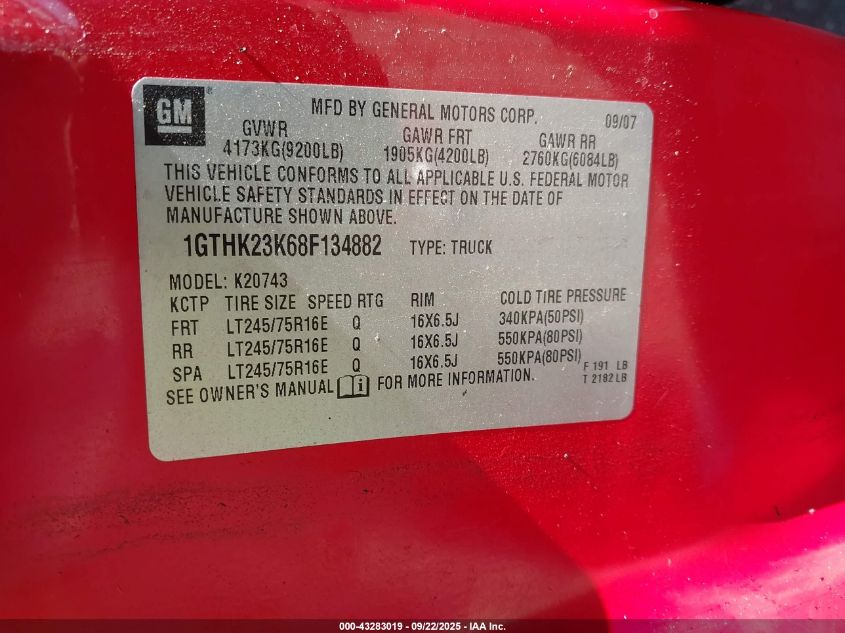 2008 GMC Sierra 2500Hd Sle1 VIN: 1GTHK23K68F134882 Lot: 43283019