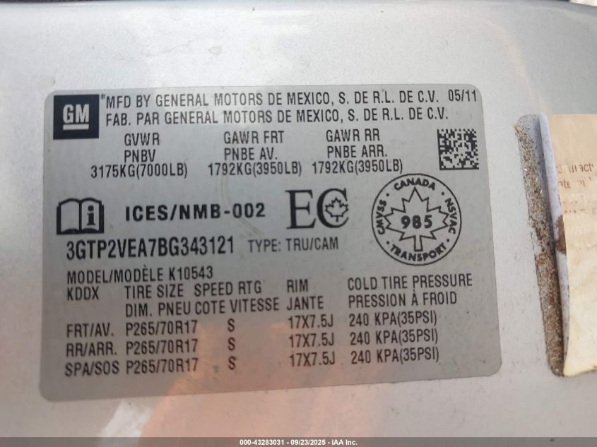 2011 GMC Sierra 1500 Sle VIN: 3GTP2VEA7BG343121 Lot: 43283031
