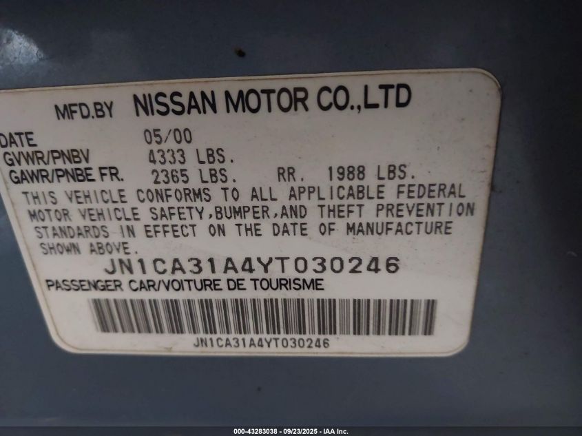 2000 Nissan Maxima Gle/Gxe/Se VIN: JN1CA31A4YT030246 Lot: 43283038