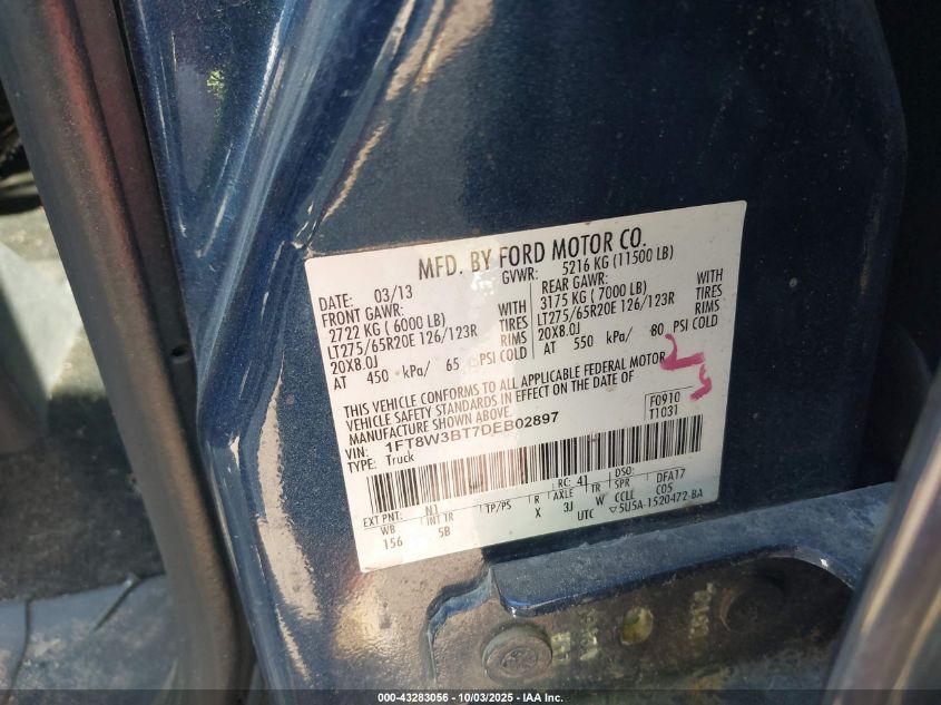 2013 Ford F-350 Lariat VIN: 1FT8W3BT7DEB02897 Lot: 43283056