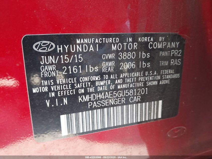 2016 Hyundai Elantra Se VIN: KMHDH4AE5GU581201 Lot: 43283066