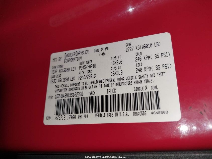 2005 Dodge Dakota Slt VIN: 1D7HW48N15S102336 Lot: 43283073