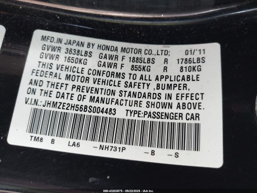 2011 Honda Insight Lx VIN: JHMZE2H56BS004483 Lot: 43283075