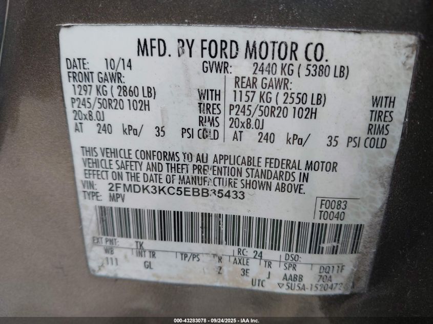 2014 Ford Edge Limited VIN: 2FMDK3KC5EBB35433 Lot: 43283078