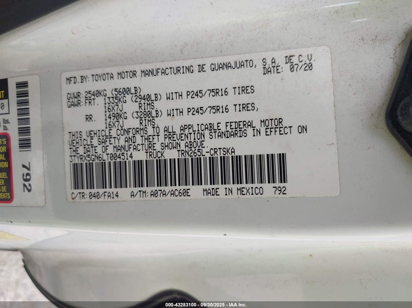 2020 TOYOTA TACOMA SR - 3TYRX5GN6LT004514