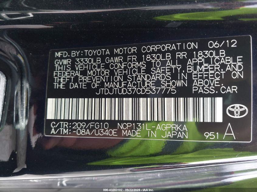 2012 Toyota Yaris L VIN: JTDJTUD37CD537775 Lot: 43283102