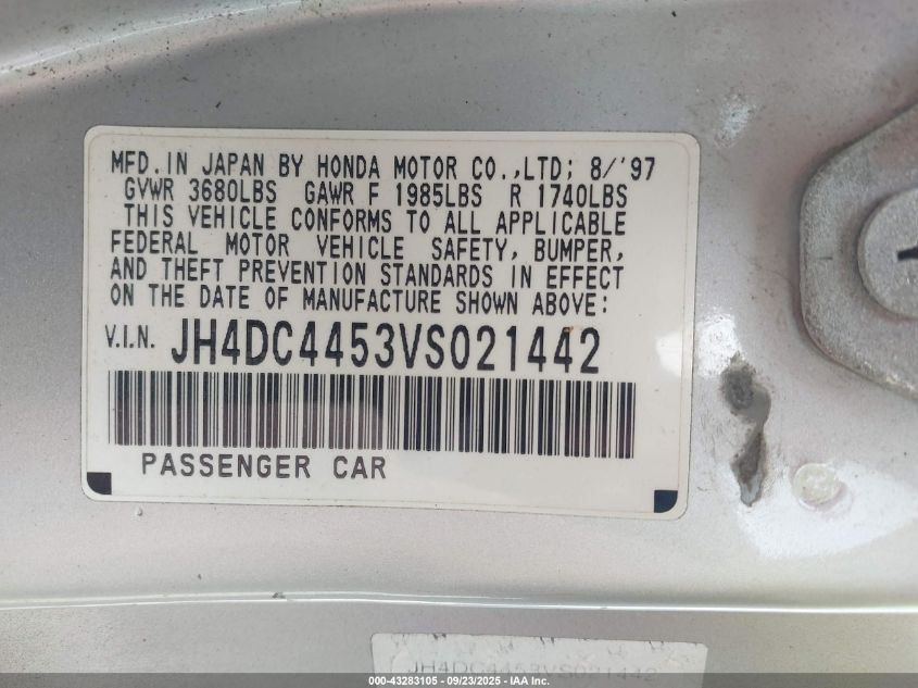 1997 Acura Integra Ls VIN: JH4DC4453VS021442 Lot: 43283105