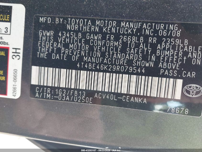 2009 Toyota Camry Le VIN: 4T4BE46K29R079544 Lot: 43283107