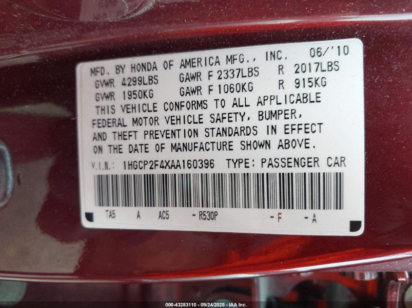 2010 Honda Accord 2.4 Lx-P VIN: 1HGCP2F4XAA160396 Lot: 43283110