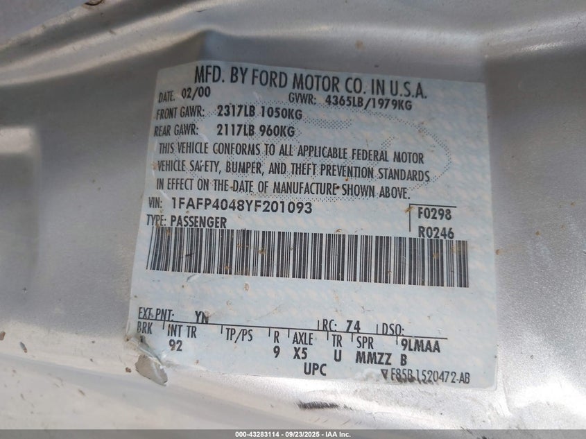 2000 Ford Mustang VIN: 1FAFP4048YF201093 Lot: 43283114