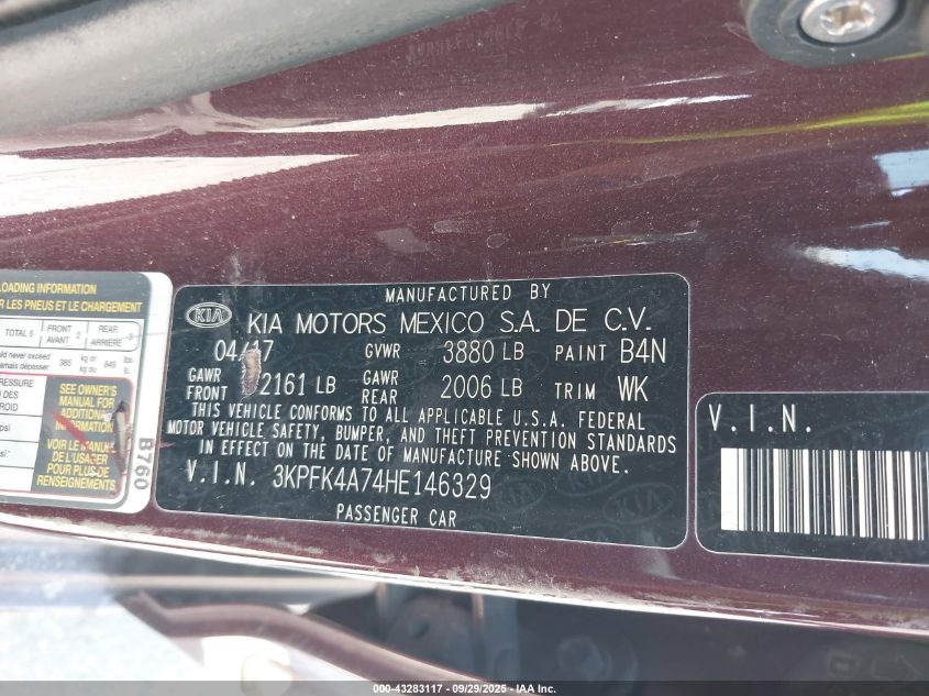 2017 Kia Forte Lx VIN: 3KPFK4A74HE146329 Lot: 43283117