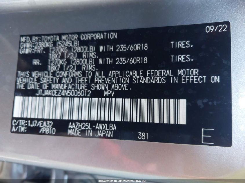 2022 Lexus Nx 350H VIN: JTJAKCEZ4N5006012 Lot: 43283118