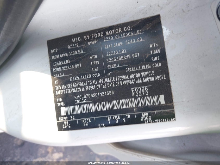 2012 Ford Transit Connect Xlt VIN: NM0LS7DNXCT124539 Lot: 43283119