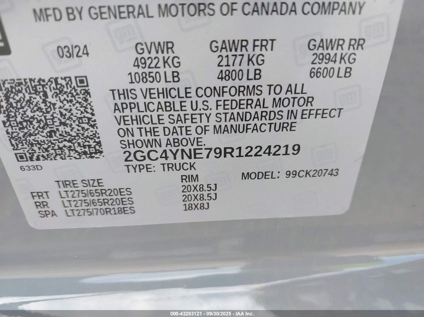 2024 Chevrolet Silverado 2500Hd 4Wd Standard Bed Lt VIN: 2GC4YNE79R1224219 Lot: 43283121