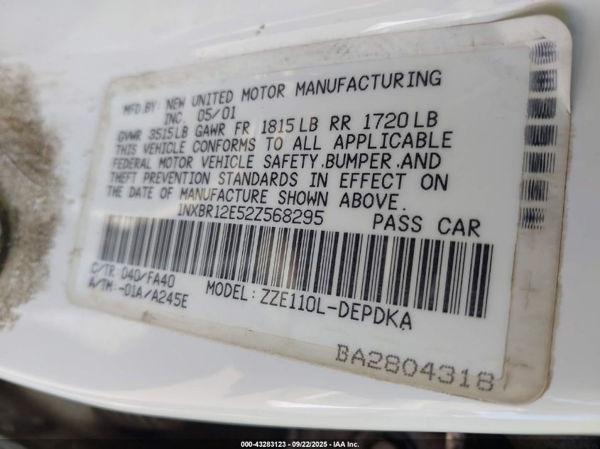 2002 Toyota Corolla Le VIN: 1NXBR12E52Z568295 Lot: 43283123