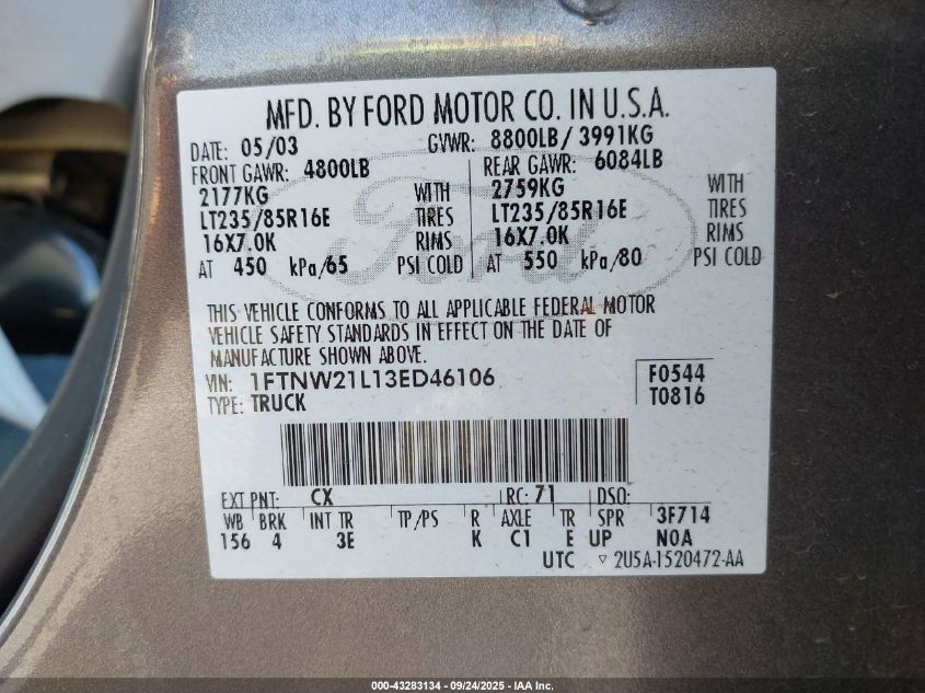 2003 Ford F-250 Lariat/Xl/Xlt VIN: 1FTNW21L13ED46106 Lot: 43283134
