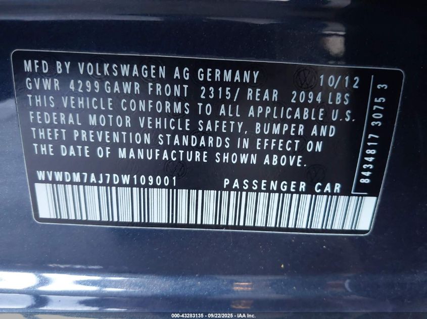 2013 Volkswagen Golf 2.0L Tdi 4-Door VIN: WVWDM7AJ7DW109001 Lot: 43283135