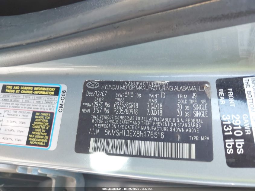 2008 Hyundai Santa Fe Limited/Se VIN: 5NMSH13EX8H176516 Lot: 43283141