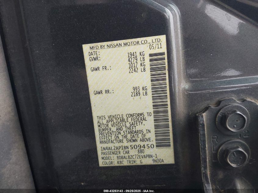 2011 Nissan Altima 2.5 S VIN: 1N4AL2AP1BN509450 Lot: 43283143