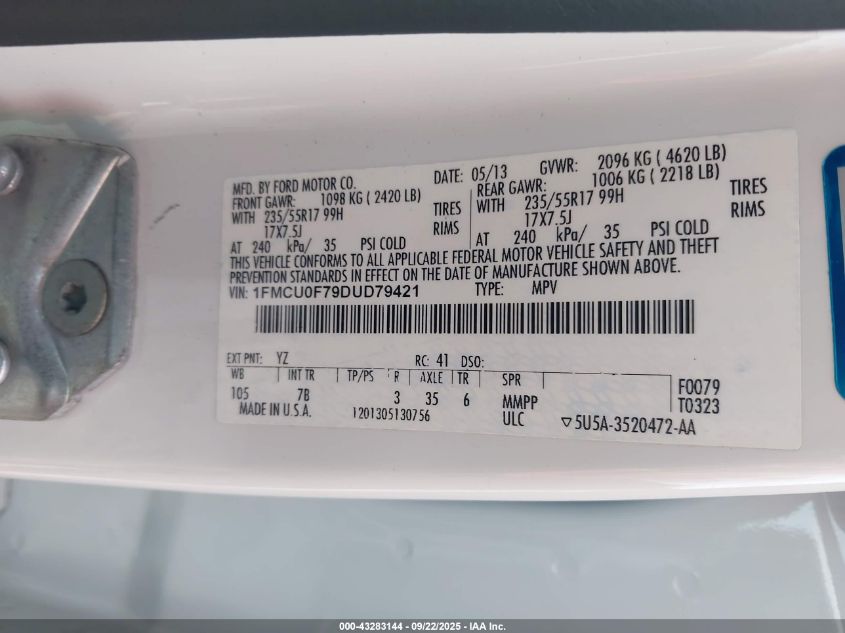 2013 Ford Escape S VIN: 1FMCU0F79DUD79421 Lot: 43283144
