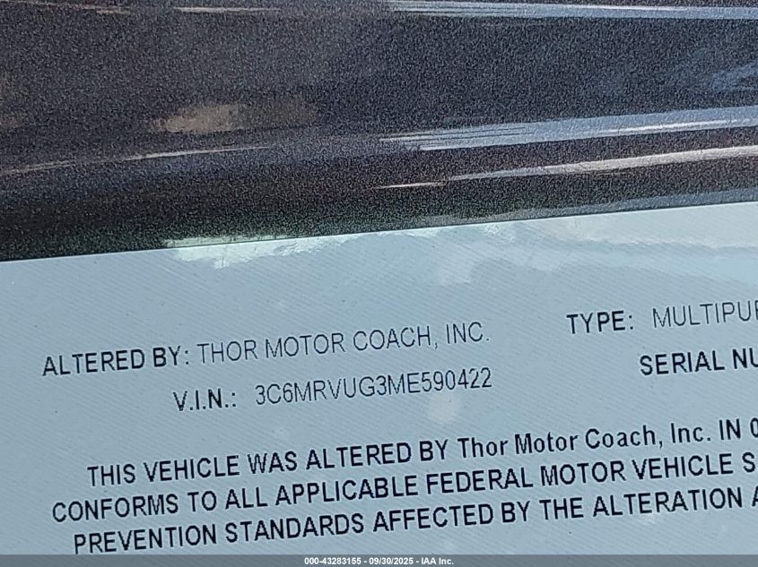 2021 Ram Promaster 3500 Window Van High Roof 159 Wb Ext VIN: 3C6MRVUG3ME590422 Lot: 43283155
