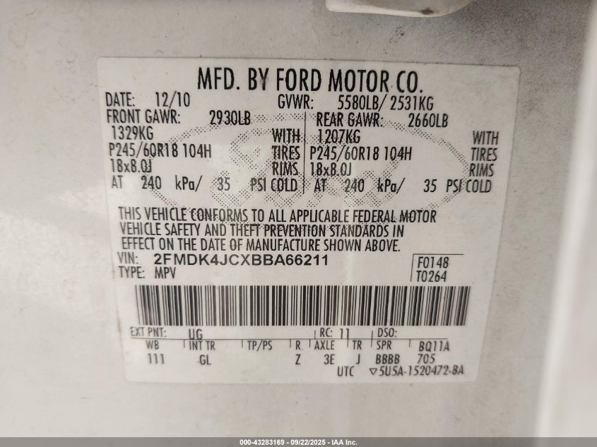 2011 Ford Edge Sel VIN: 2FMDK4JCXBBA66211 Lot: 43283169