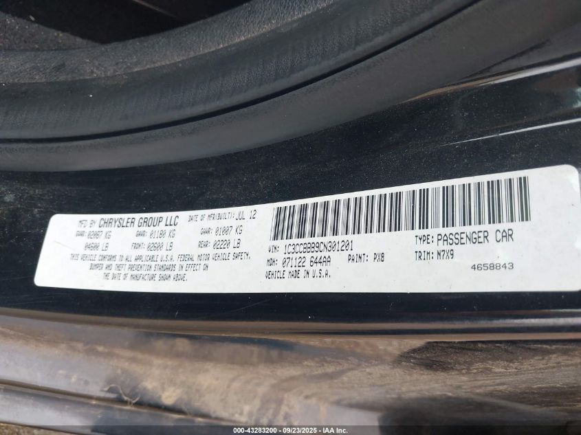 2012 Chrysler 200 Touring VIN: 1C3CCBBB9CN301201 Lot: 43283200