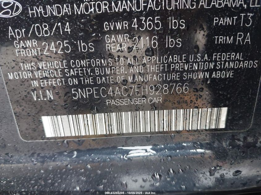 2014 Hyundai Sonata Se VIN: 5NPEC4AC7EH928766 Lot: 43283205