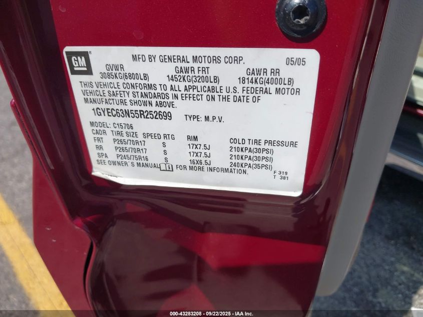 2005 Cadillac Escalade Standard VIN: 1GYEC63N55R252699 Lot: 43283208
