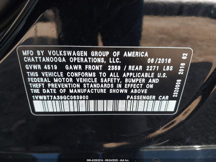 2016 Volkswagen Passat 1.8T Se VIN: 1VWBT7A39GC063900 Lot: 43283214