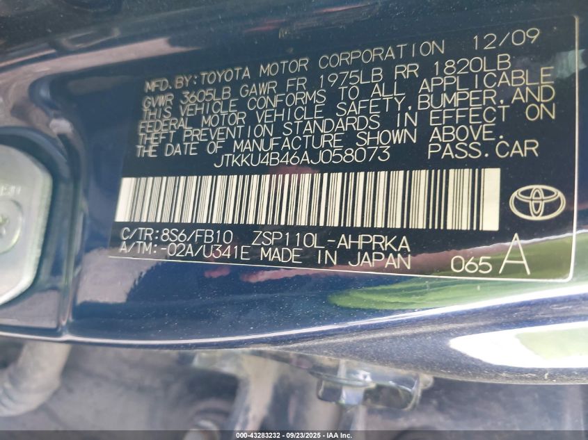 2010 Scion Xd VIN: JTKKU4B46AJ058073 Lot: 43283232