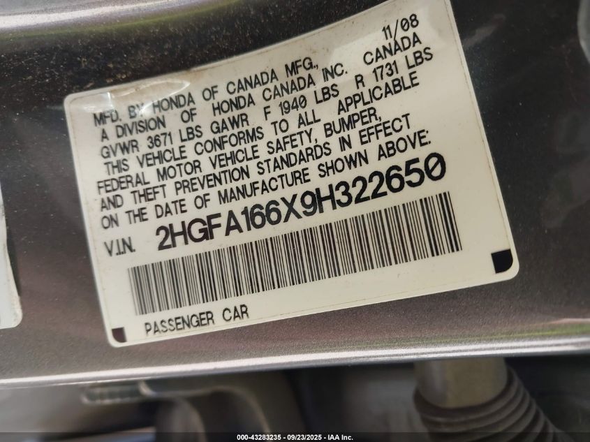 2009 Honda Civic Lx-S VIN: 2HGFA166X9H322650 Lot: 43283235