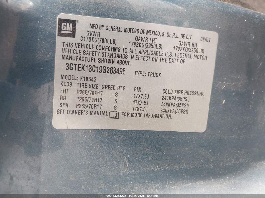 2009 GMC Sierra 1500 Sl VIN: 3GTEK13C19G283495 Lot: 43283238