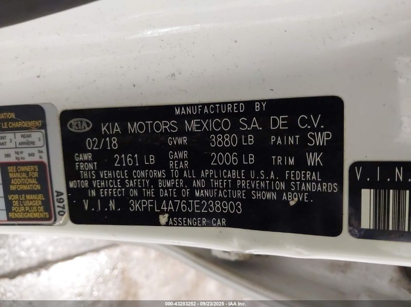 2018 Kia Forte Lx/S VIN: 3KPFL4A76JE238903 Lot: 43283252