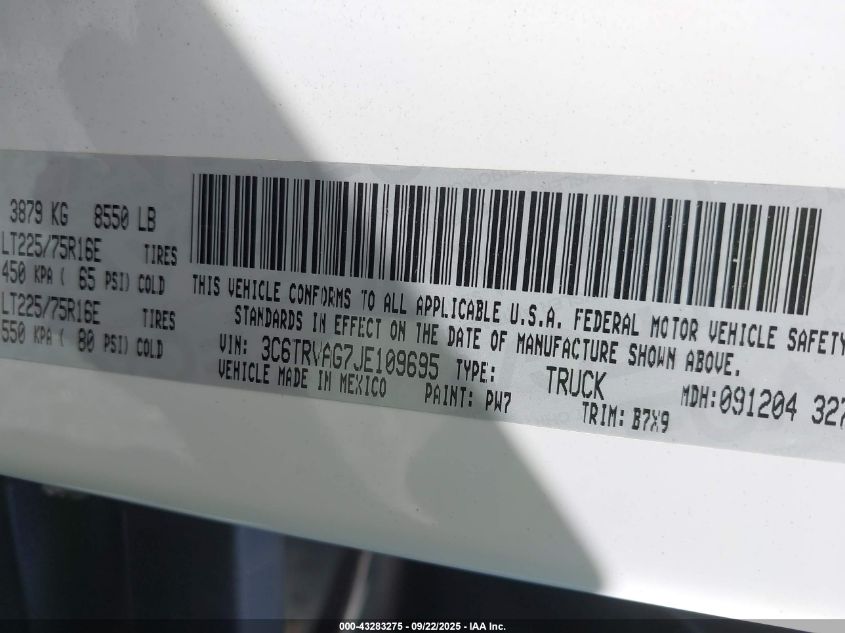 2018 Ram Promaster 1500 Low Roof 136 Wb VIN: 3C6TRVAG7JE109695 Lot: 43283275