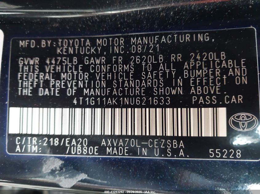 2022 Toyota Camry Se VIN: 4T1G11AK1NU621633 Lot: 43283292